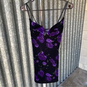 VTG 90s Black & Purple Floral Velvet Bodycon Mini Dress Size Small
